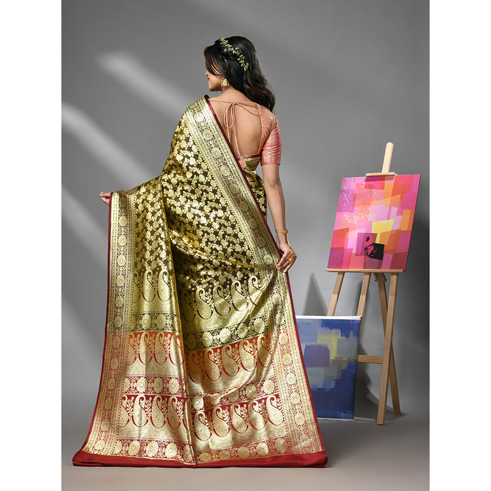 CHARUKRITI Brown Silk Banarasi Saree with Zari Woven Designs & Unstitched Blouse