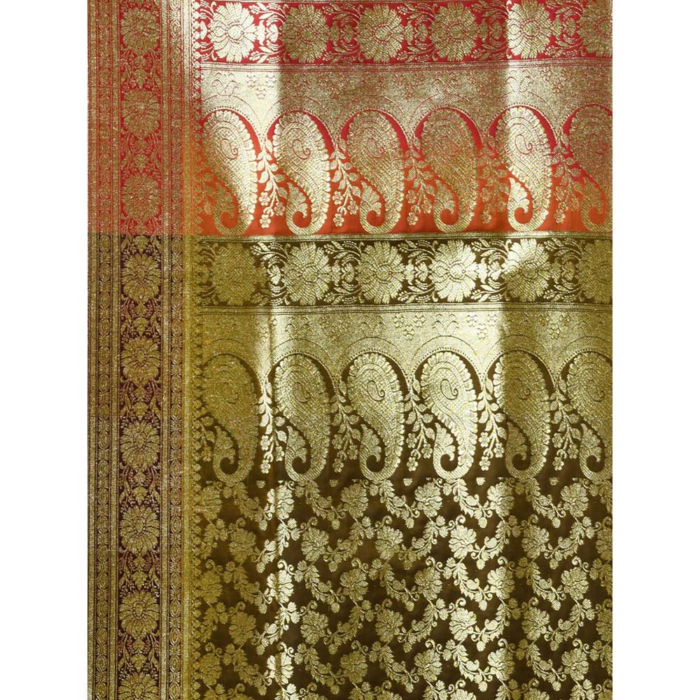 CHARUKRITI Brown Silk Banarasi Saree with Zari Woven Designs & Unstitched Blouse