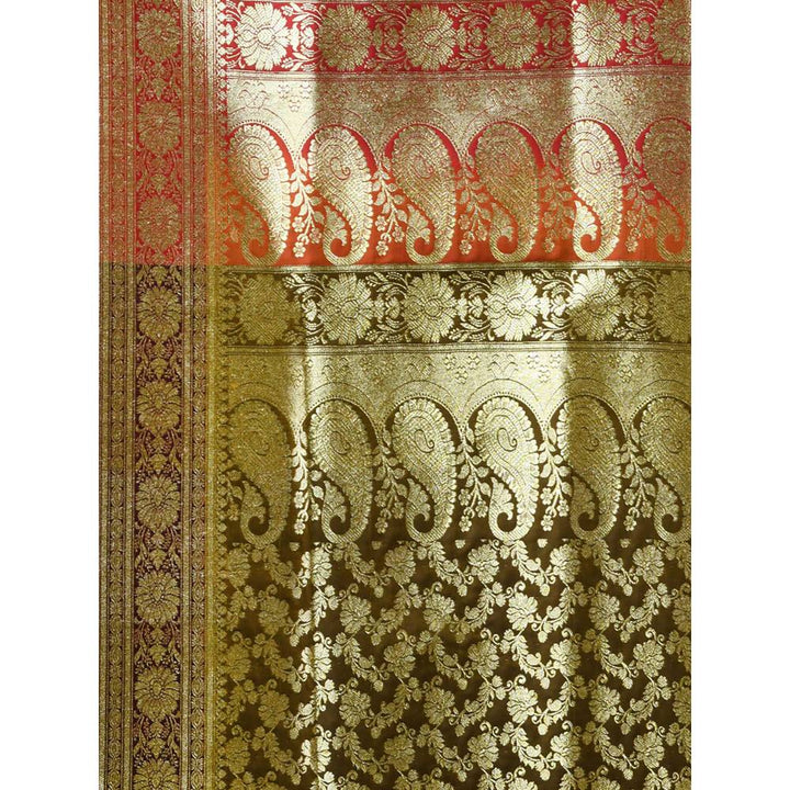 CHARUKRITI Brown Silk Banarasi Saree with Zari Woven Designs & Unstitched Blouse