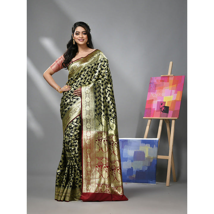 CHARUKRITI Black Silk Banarasi Saree with Zari Woven Designs & Unstitched Blouse