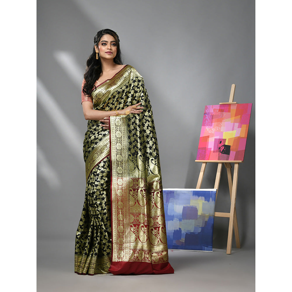 CHARUKRITI Black Silk Banarasi Saree with Zari Woven Designs & Unstitched Blouse