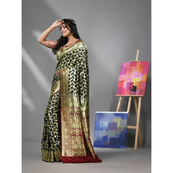 CHARUKRITI Black Silk Banarasi Saree with Zari Woven Designs & Unstitched Blouse