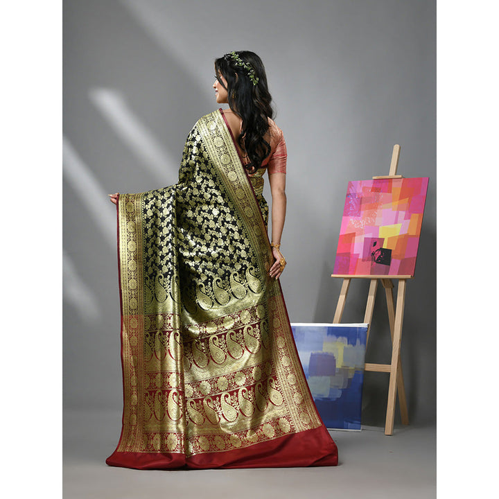 CHARUKRITI Black Silk Banarasi Saree with Zari Woven Designs & Unstitched Blouse