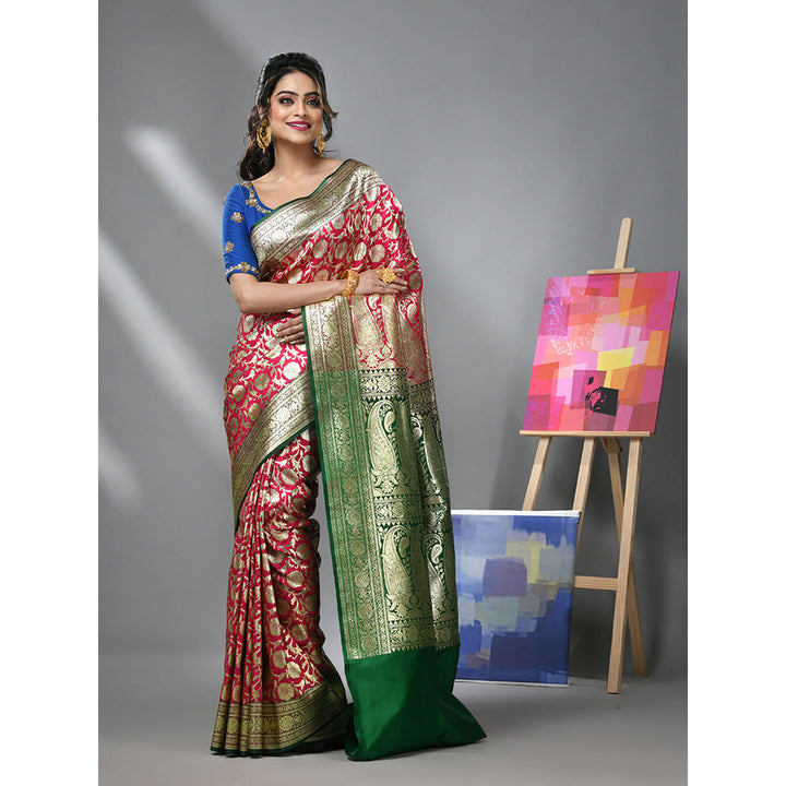 CHARUKRITI Blush Pink Silk Banarasi Saree with Zari Woven Designs & Unstitched Blouse