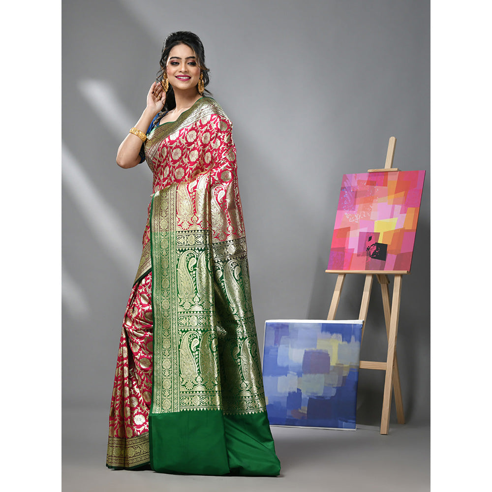 CHARUKRITI Blush Pink Silk Banarasi Saree with Zari Woven Designs & Unstitched Blouse