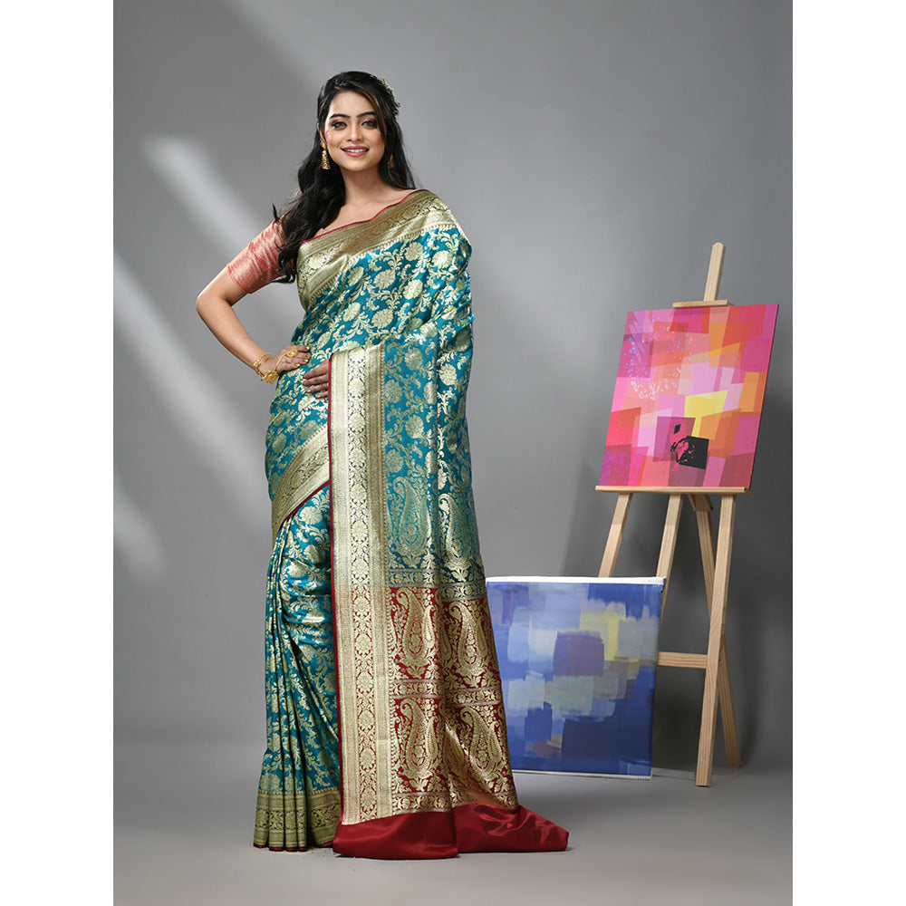 CHARUKRITI Teal Blue Silk Banarasi Saree with Zari Woven Designs & Unstitched Blouse