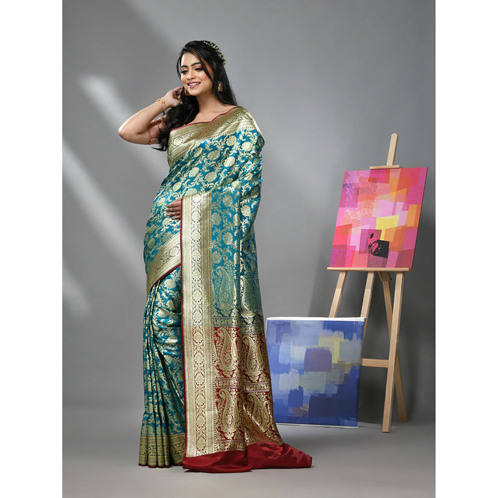 CHARUKRITI Teal Blue Silk Banarasi Saree with Zari Woven Designs & Unstitched Blouse