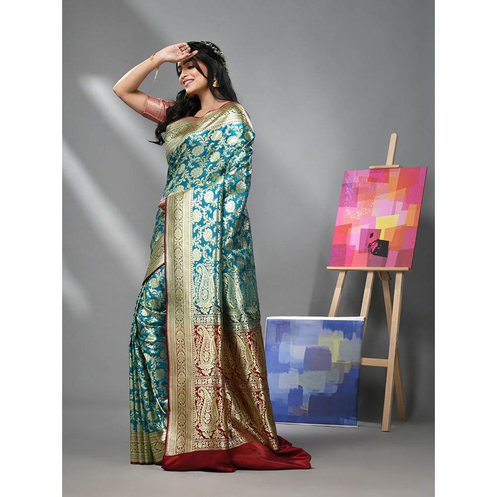 CHARUKRITI Teal Blue Silk Banarasi Saree with Zari Woven Designs & Unstitched Blouse