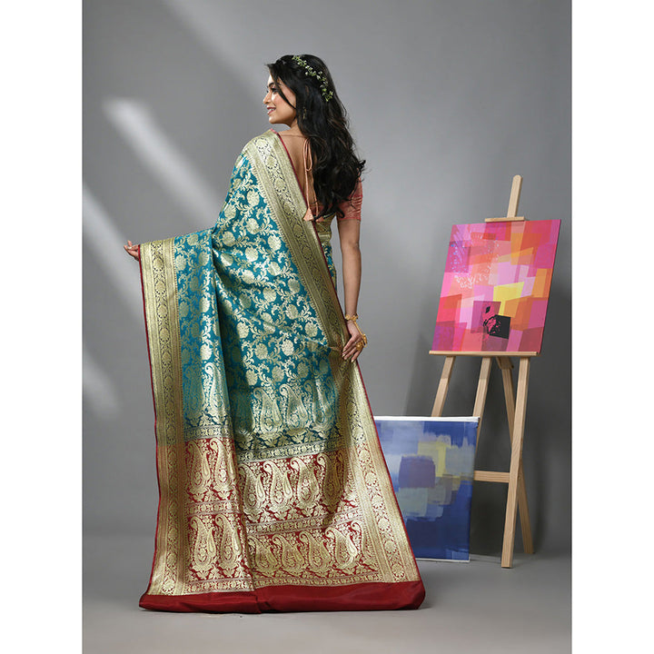 CHARUKRITI Teal Blue Silk Banarasi Saree with Zari Woven Designs & Unstitched Blouse