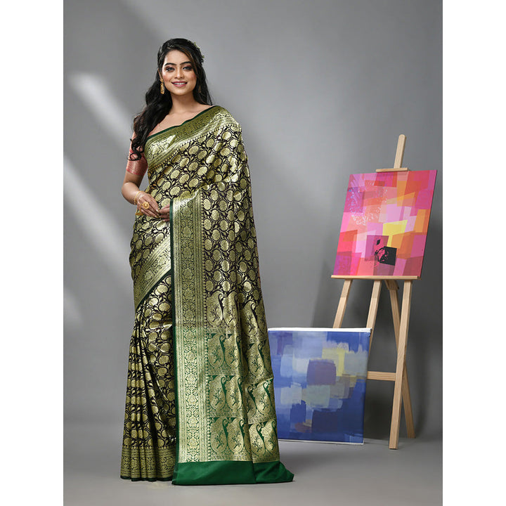 CHARUKRITI Eggplant Silk Banarasi Saree with Zari Woven Designs & Unstitched Blouse