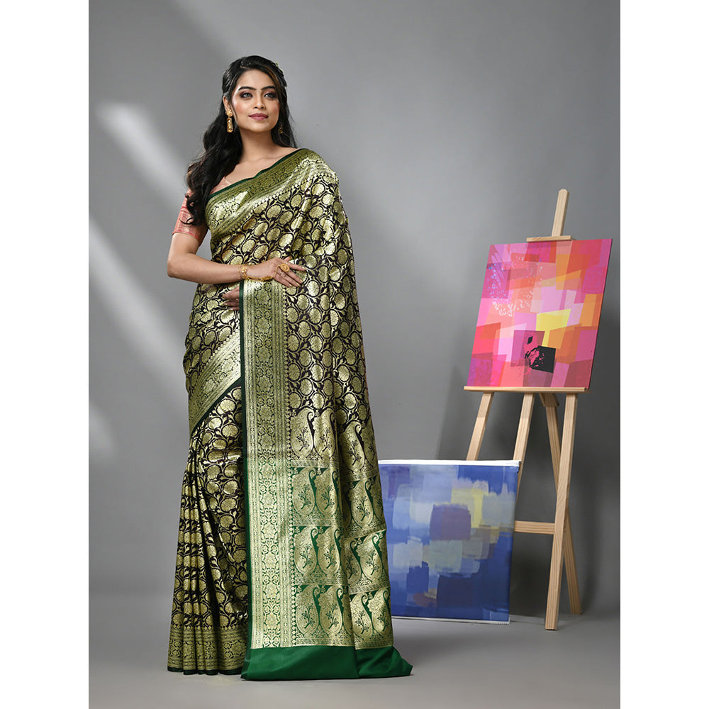 CHARUKRITI Eggplant Silk Banarasi Saree with Zari Woven Designs & Unstitched Blouse