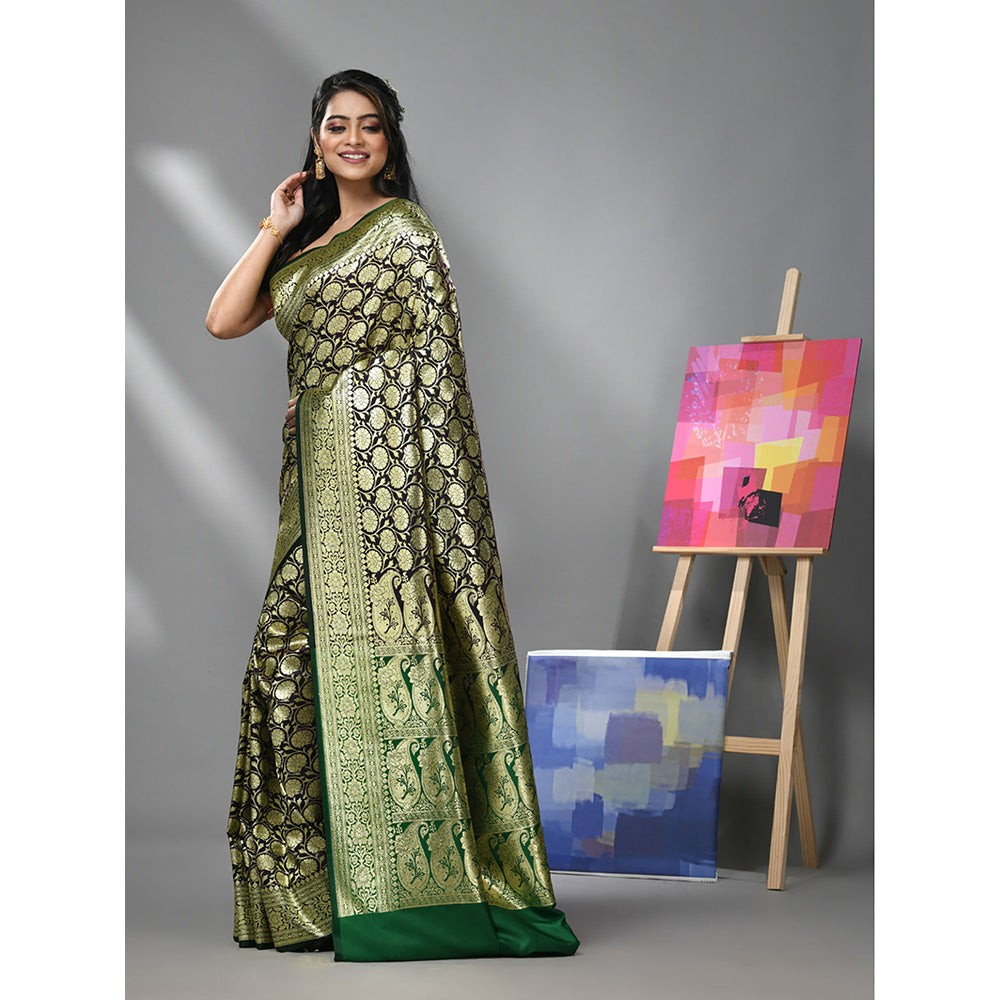 CHARUKRITI Eggplant Silk Banarasi Saree with Zari Woven Designs & Unstitched Blouse