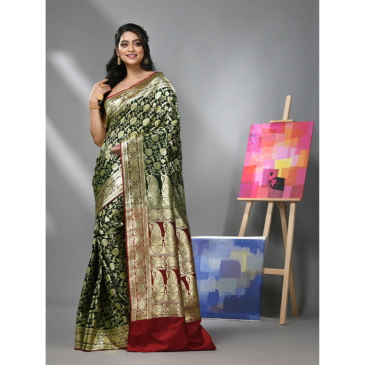 CHARUKRITI Dark Green Silk Banarasi Saree with Zari Woven Designs & Unstitched Blouse