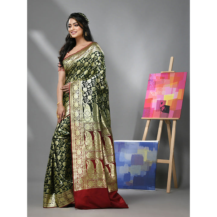 CHARUKRITI Dark Green Silk Banarasi Saree with Zari Woven Designs & Unstitched Blouse