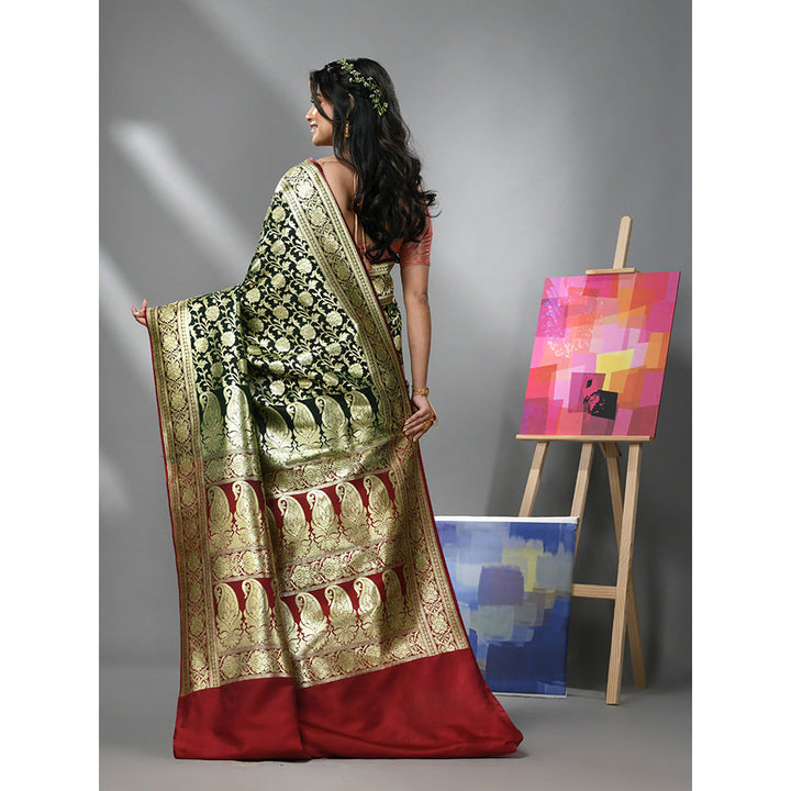 CHARUKRITI Dark Green Silk Banarasi Saree with Zari Woven Designs & Unstitched Blouse