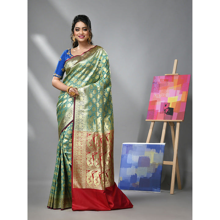 CHARUKRITI Ice Blue Silk Banarasi Saree with Zari Woven Designs & Unstitched Blouse