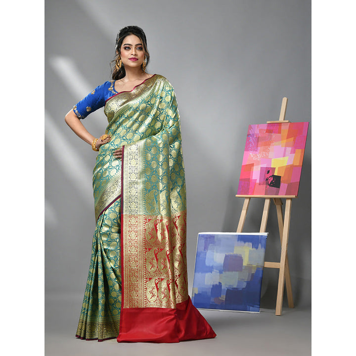 CHARUKRITI Ice Blue Silk Banarasi Saree with Zari Woven Designs & Unstitched Blouse