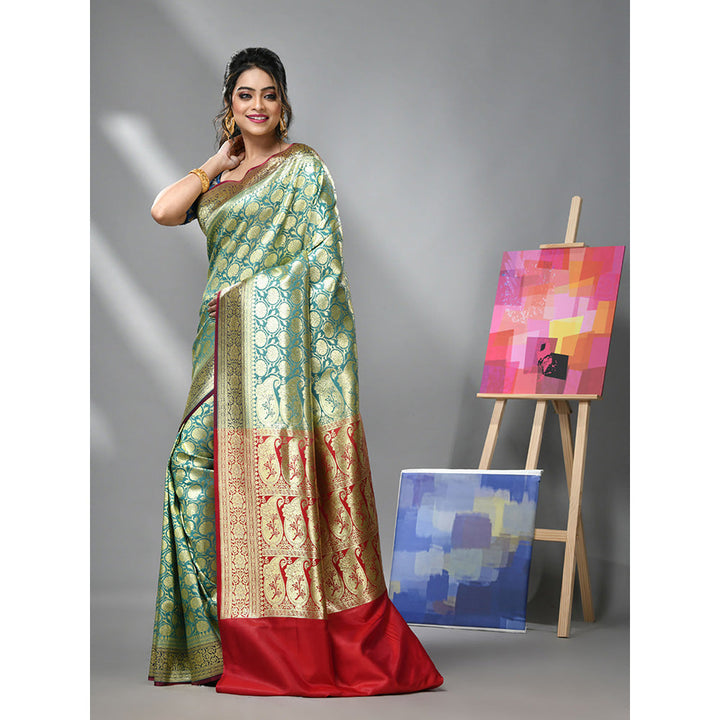 CHARUKRITI Ice Blue Silk Banarasi Saree with Zari Woven Designs & Unstitched Blouse