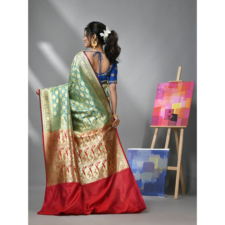 CHARUKRITI Ice Blue Silk Banarasi Saree with Zari Woven Designs & Unstitched Blouse