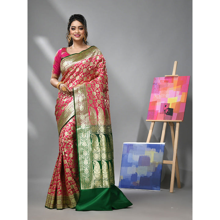 CHARUKRITI Magenta Silk Banarasi Saree with Zari Woven Designs & Unstitched Blouse