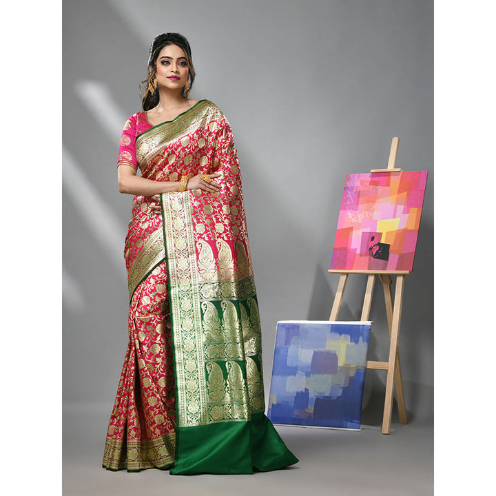 CHARUKRITI Magenta Silk Banarasi Saree with Zari Woven Designs & Unstitched Blouse