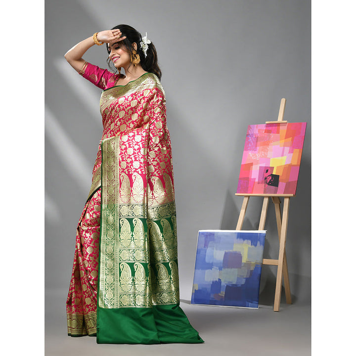 CHARUKRITI Magenta Silk Banarasi Saree with Zari Woven Designs & Unstitched Blouse