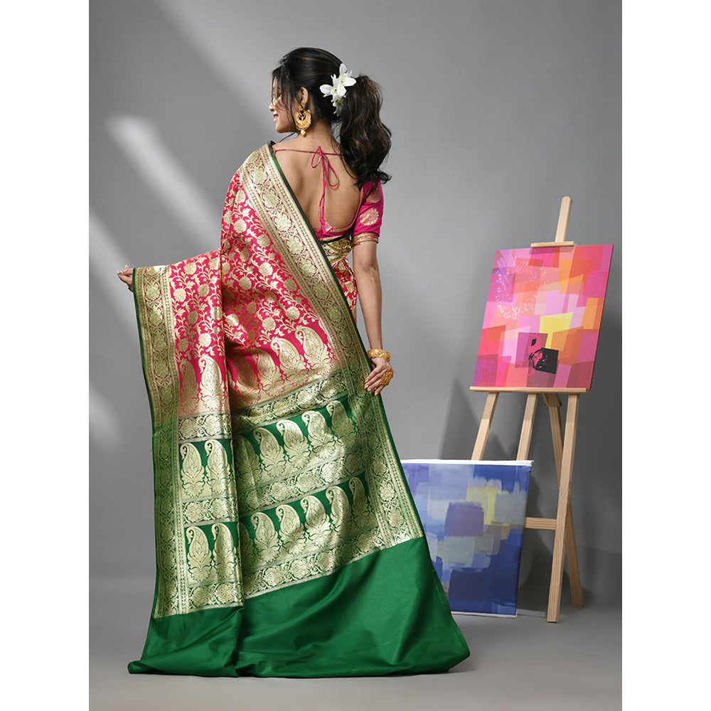 CHARUKRITI Magenta Silk Banarasi Saree with Zari Woven Designs & Unstitched Blouse