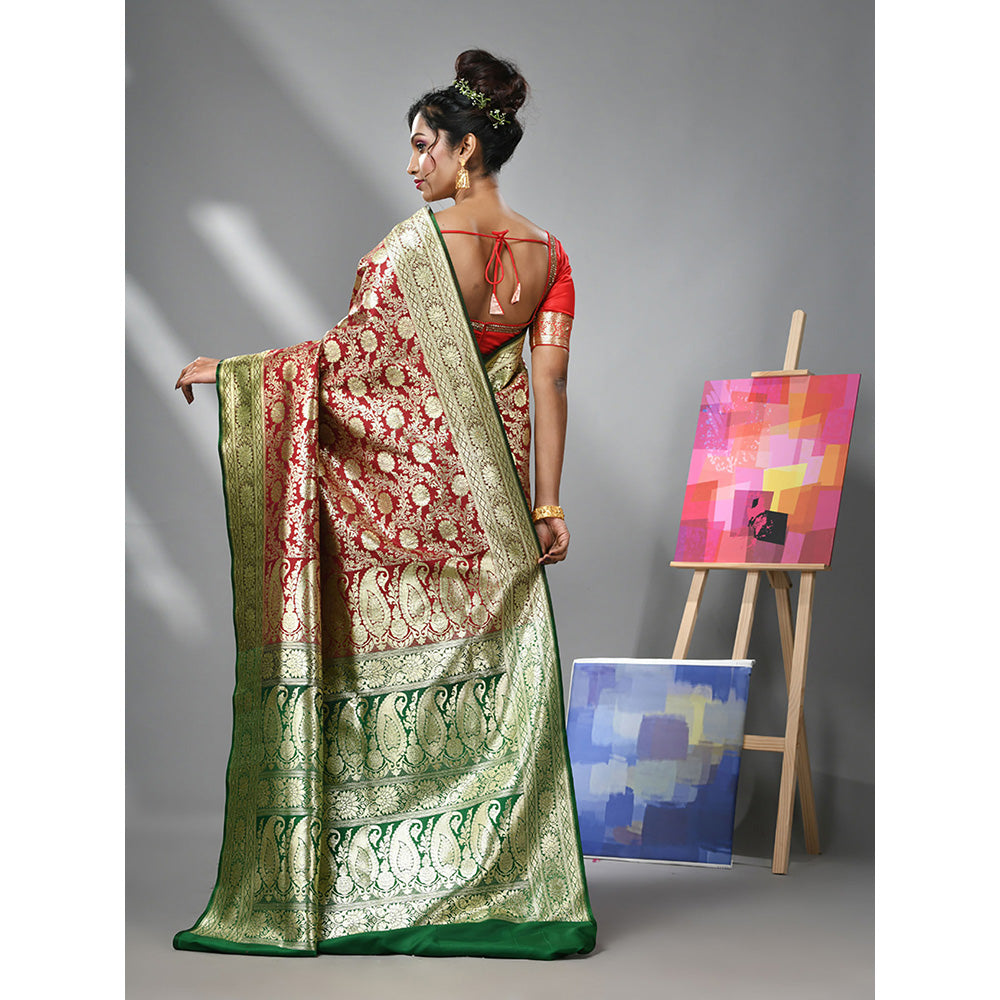 CHARUKRITI Dark Red Silk Banarasi Saree with Zari Woven Designs & Unstitched Blouse