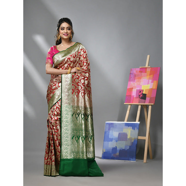 CHARUKRITI Scarlet Red Silk Banarasi Saree with Zari Woven Designs & Unstitched Blouse