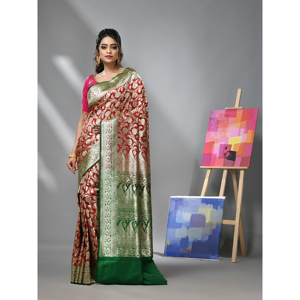 CHARUKRITI Scarlet Red Silk Banarasi Saree with Zari Woven Designs & Unstitched Blouse