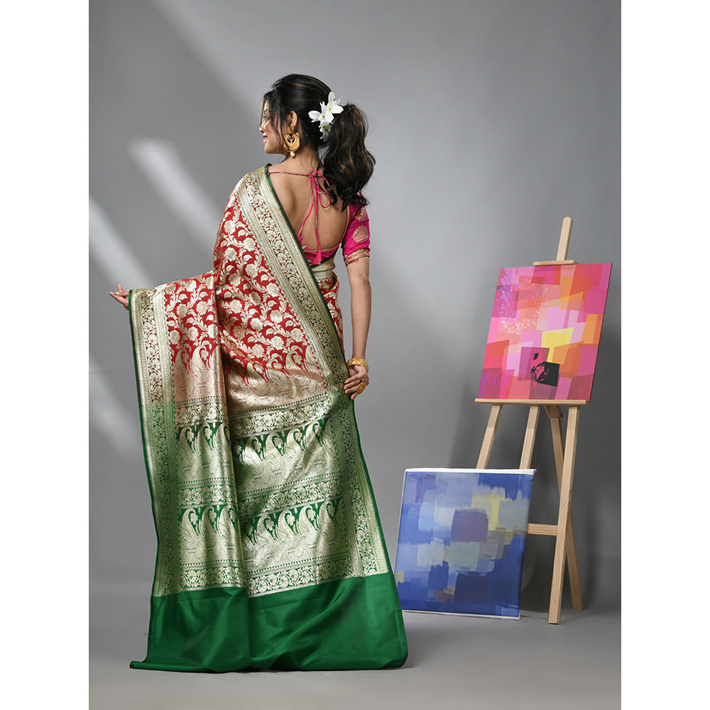 CHARUKRITI Scarlet Red Silk Banarasi Saree with Zari Woven Designs & Unstitched Blouse