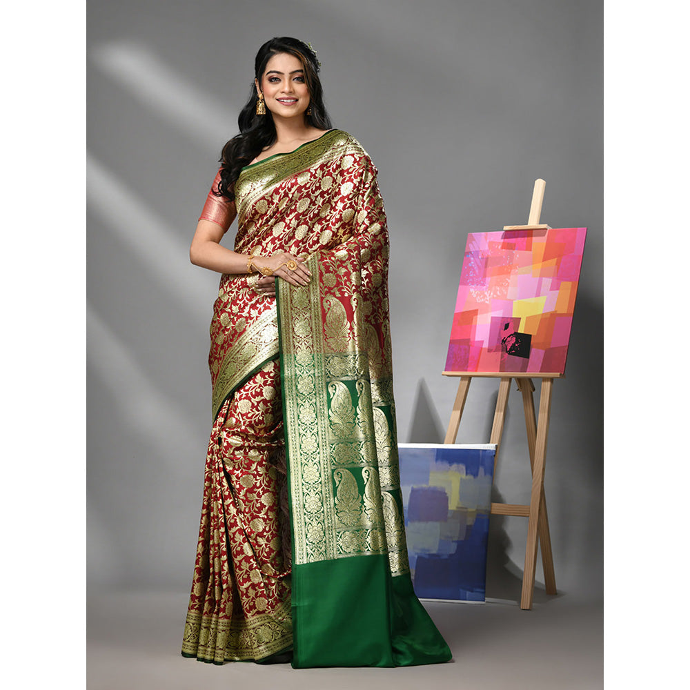 CHARUKRITI Ruby Red Silk Banarasi Saree with Zari Woven Designs & Unstitched Blouse