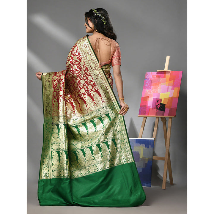 CHARUKRITI Ruby Red Silk Banarasi Saree with Zari Woven Designs & Unstitched Blouse