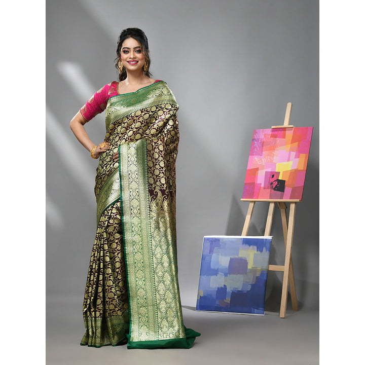 CHARUKRITI Dark Chocolate Silk Banarasi Saree with Zari Woven Designs & Unstitched Blouse