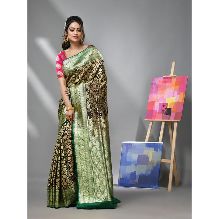 CHARUKRITI Dark Chocolate Silk Banarasi Saree with Zari Woven Designs & Unstitched Blouse