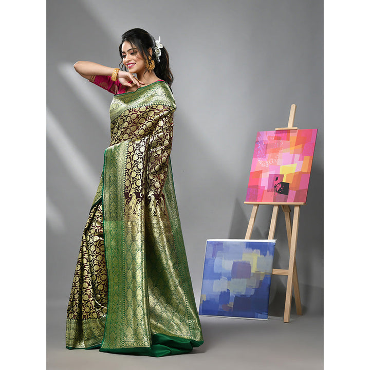 CHARUKRITI Dark Chocolate Silk Banarasi Saree with Zari Woven Designs & Unstitched Blouse