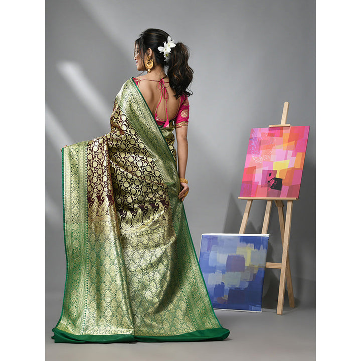 CHARUKRITI Dark Chocolate Silk Banarasi Saree with Zari Woven Designs & Unstitched Blouse