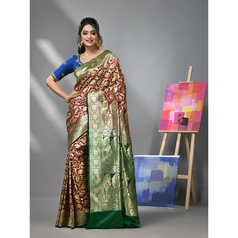 CHARUKRITI Cherry Red Silk Banarasi Saree with Zari Woven Designs & Unstitched Blouse