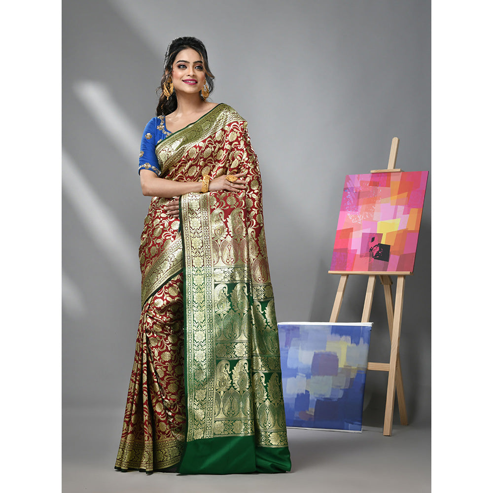 CHARUKRITI Cherry Red Silk Banarasi Saree with Zari Woven Designs & Unstitched Blouse