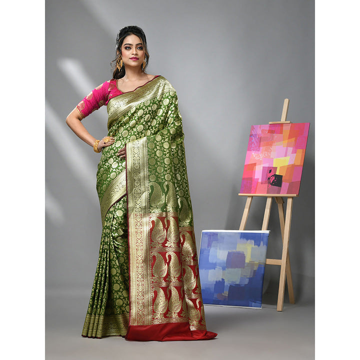 CHARUKRITI Pear Green Silk Banarasi Saree with Zari Woven Designs & Unstitched Blouse