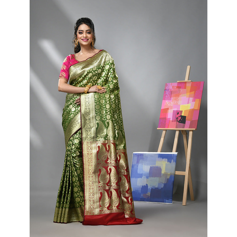 CHARUKRITI Pear Green Silk Banarasi Saree with Zari Woven Designs & Unstitched Blouse