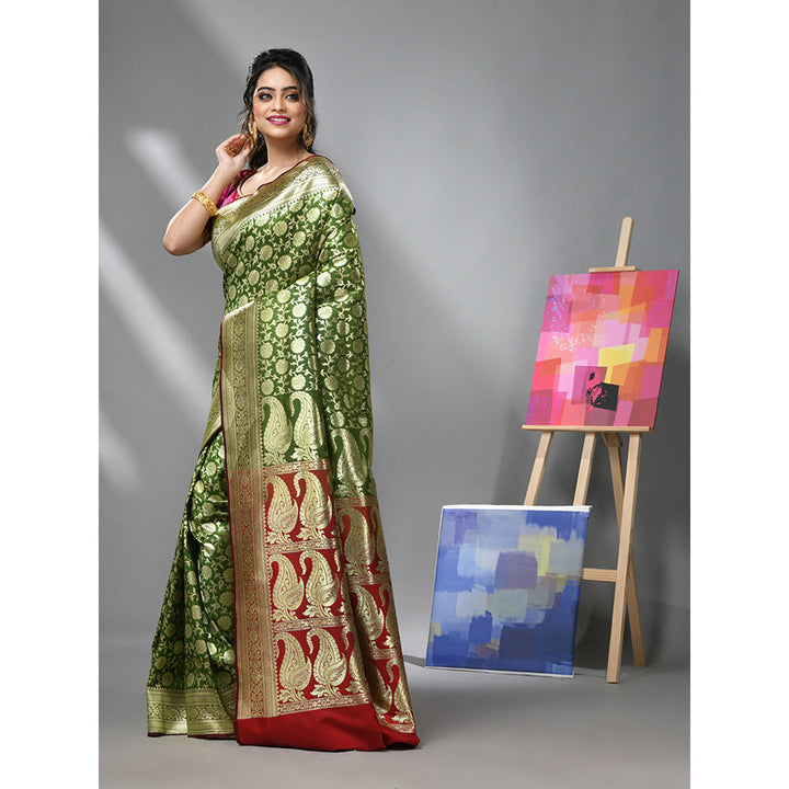 CHARUKRITI Pear Green Silk Banarasi Saree with Zari Woven Designs & Unstitched Blouse