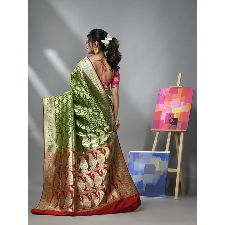 CHARUKRITI Pear Green Silk Banarasi Saree with Zari Woven Designs & Unstitched Blouse