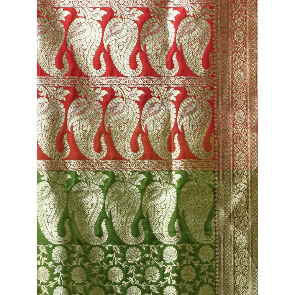 CHARUKRITI Pear Green Silk Banarasi Saree with Zari Woven Designs & Unstitched Blouse