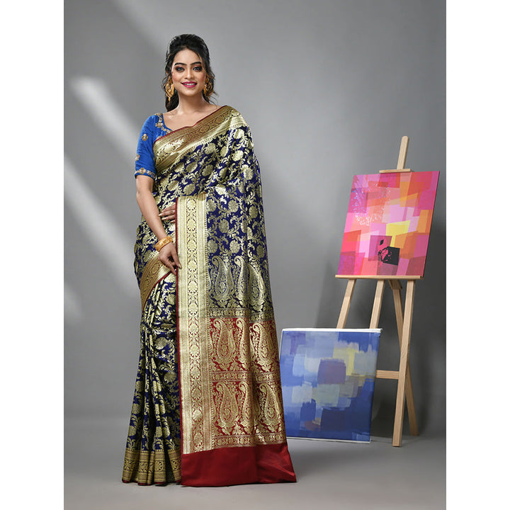 CHARUKRITI Navy Blue Silk Banarasi Saree with Zari Woven Designs & Unstitched Blouse