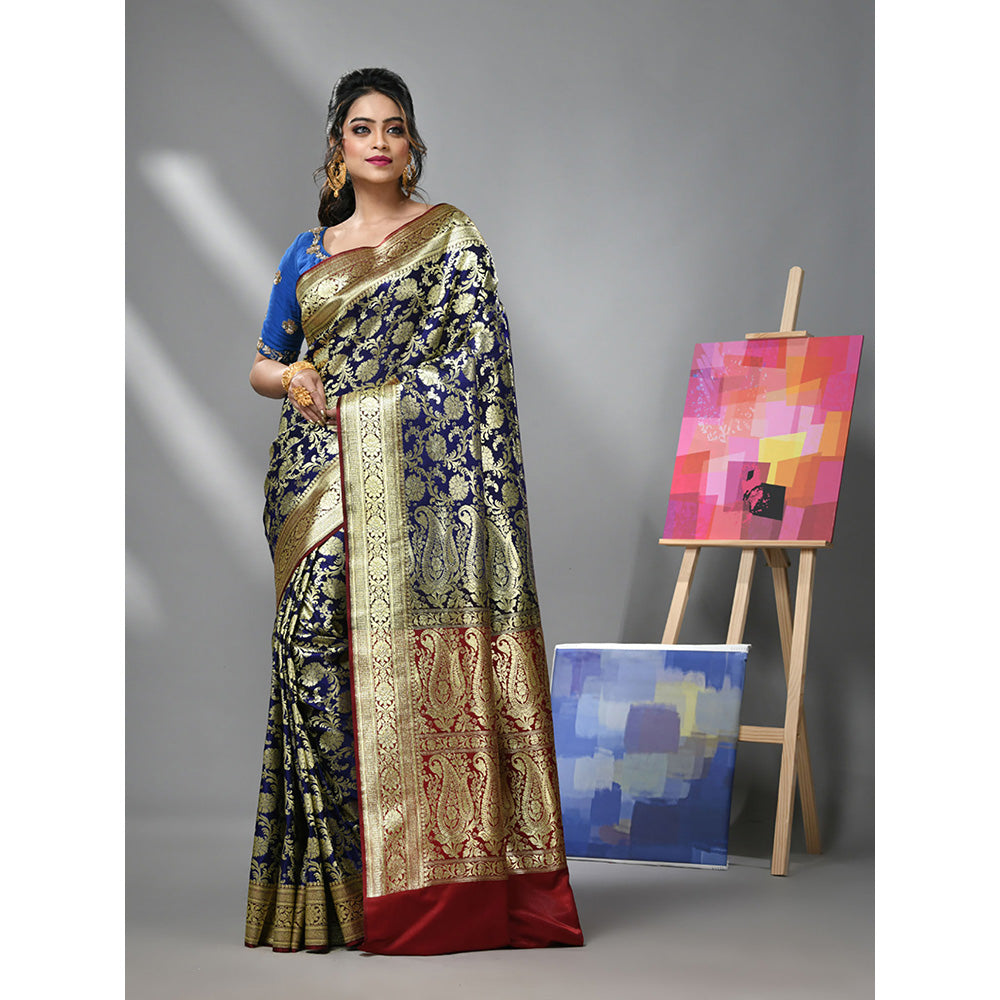 CHARUKRITI Navy Blue Silk Banarasi Saree with Zari Woven Designs & Unstitched Blouse