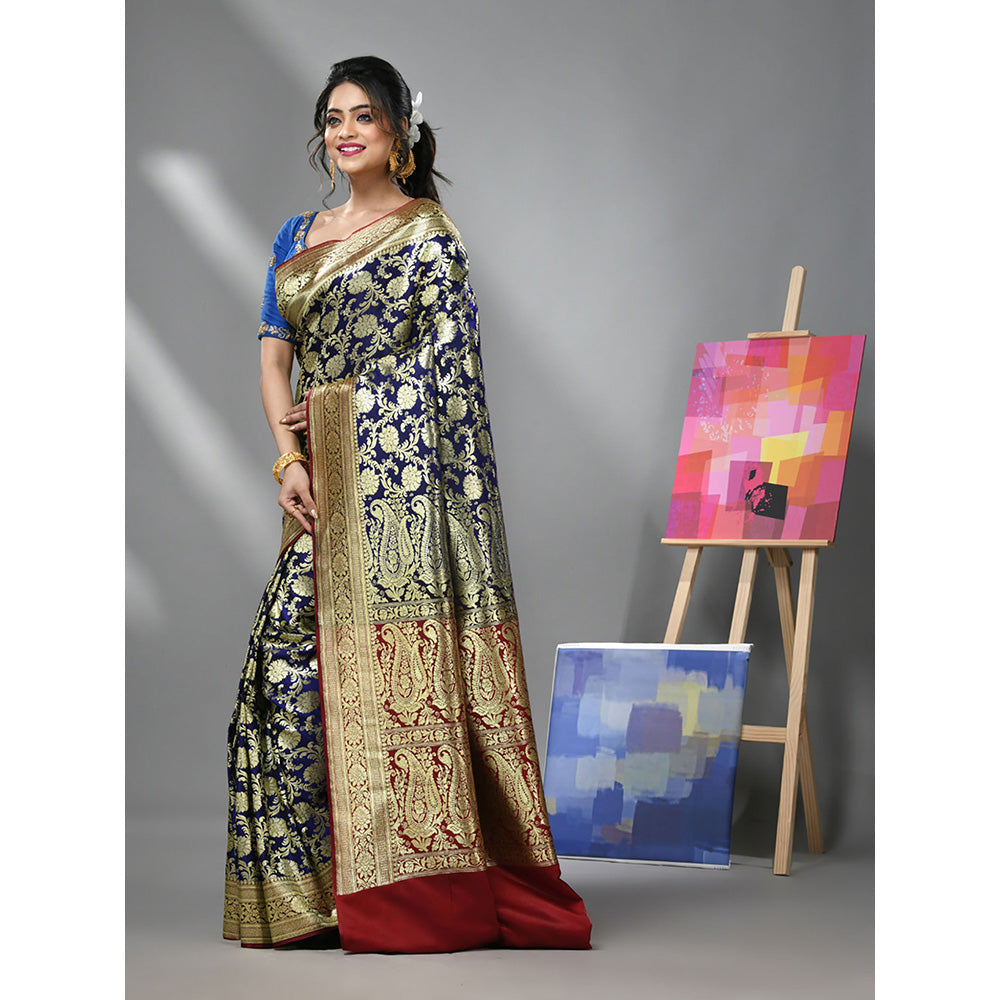 CHARUKRITI Navy Blue Silk Banarasi Saree with Zari Woven Designs & Unstitched Blouse