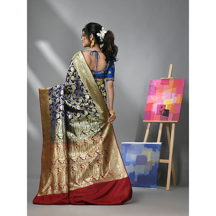 CHARUKRITI Navy Blue Silk Banarasi Saree with Zari Woven Designs & Unstitched Blouse