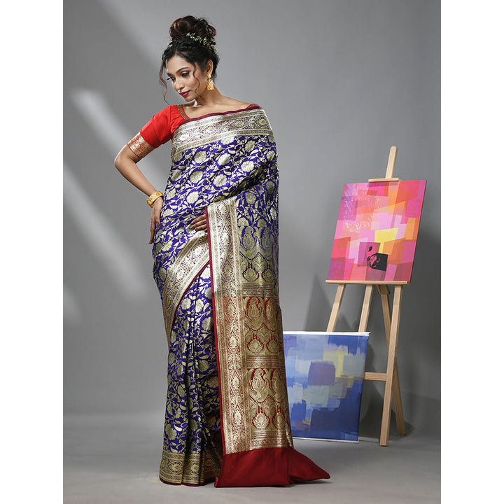 CHARUKRITI Ultra Blue Silk Banarasi Saree with Zari Woven Designs & Unstitched Blouse