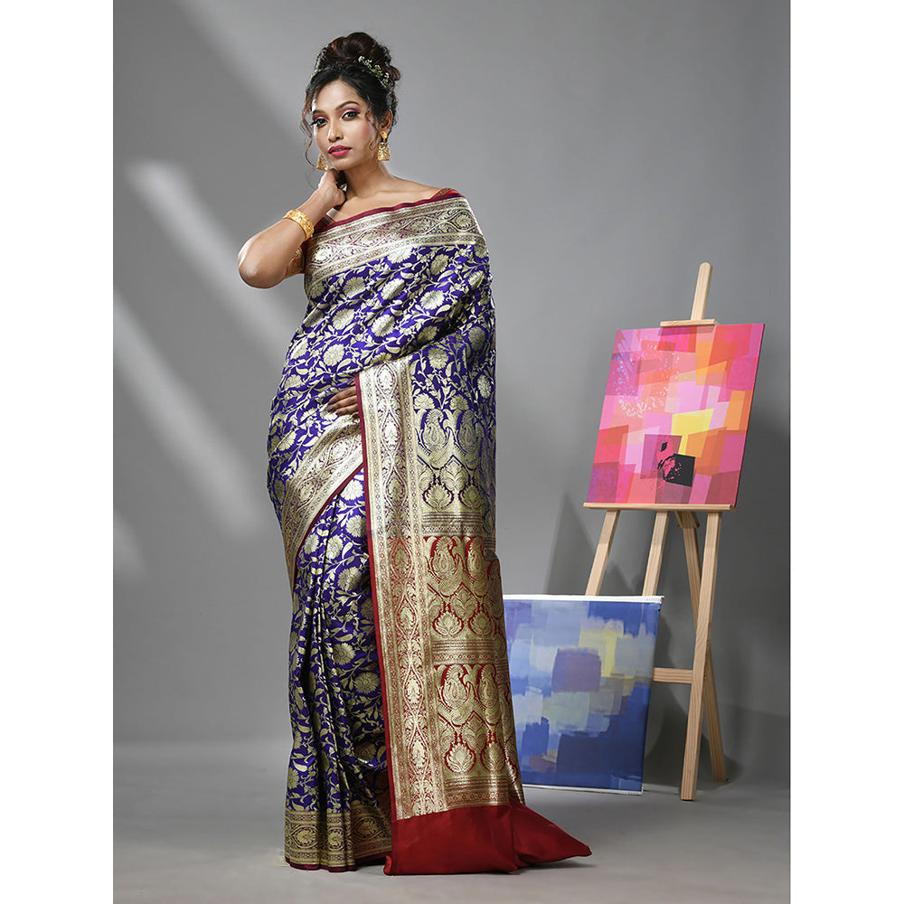 CHARUKRITI Ultra Blue Silk Banarasi Saree with Zari Woven Designs & Unstitched Blouse